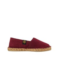 Espadrille en toile bordeaux avec une semelle en jute, ornée d'une petite étiquette logo, d'un design plat et d'un bout rond.