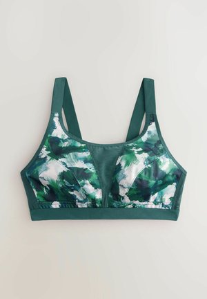 Grüner Sport-BH mit einem Aquarellmuster aus dunkel- und hellgrünen Tönen, ausgestattet mit breiten Trägern und strukturiertem Stoff für Unterstützung und Komfort.