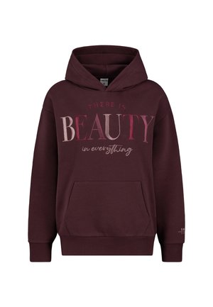 Burgunderfarbener Hoodie mit einer Fronttasche, versehen mit dem auffälligen Text "In allem steckt SCHÖNHEIT" in verschiedenen Farbtönen und Schriftarten. Weiches Material, verstellbare Kapuze.
