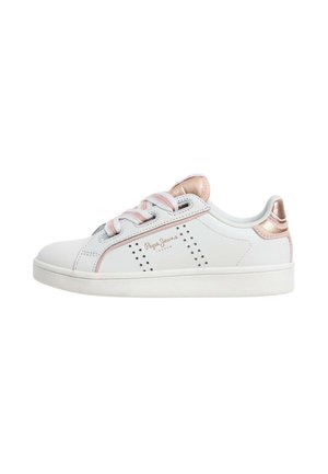 Sneaker bianco basso con dettagli metallici rosa, perforazioni a forma di stella e chiusura con lacci, marchiata "Pepe Jeans London" sul lato.