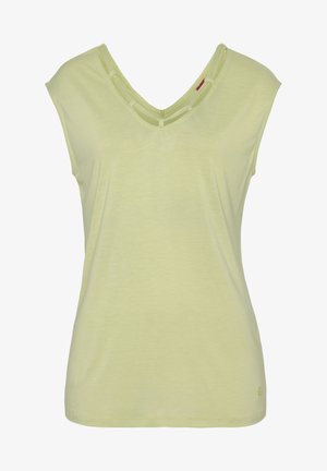 Gai zaļš bezpiedurkņu tops ar V-veida izgriezumu, kura malā ir slāņu izgriezumu dizains. Mīksta tekstūra, brīvā piegriezumā.