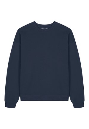 Felpa blu navy realizzata in tessuto morbido con colletto a girocollo, maniche lunghe e polsini a costine. Design minimalista senza motivi o dettagli.
