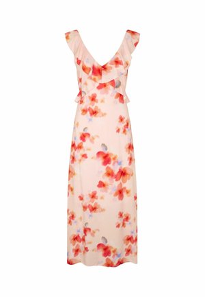 Rankovių neturinti rožinė maksi suknelė su raudonų ir oranžinių gėlių raštu, V formos iškirpte ir raukinukais palei iškirptę ir liemenį.