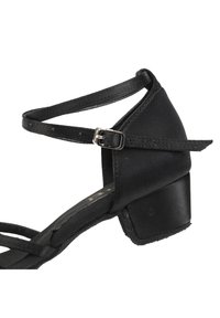 Black satin ankle strap sandal with a small block heel, featuring crossed straps at the front and a metal buckle on the strap.