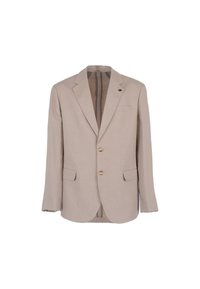 Blazer beige chiaro realizzato in misto lino. Presenta due tasche frontali, due bottoni e una tasca sul petto. Texture liscia con design strutturato.