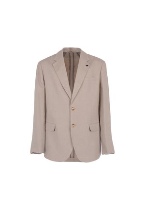 Blazer beige chiaro realizzato in misto lino. Presenta due tasche frontali, due bottoni e una tasca sul petto. Texture liscia con design strutturato.