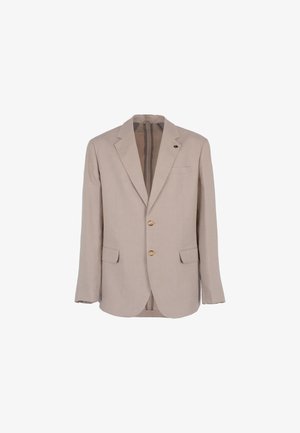 Blazer beige chiaro realizzato in misto lino. Presenta due tasche frontali, due bottoni e una tasca sul petto. Texture liscia con design strutturato.