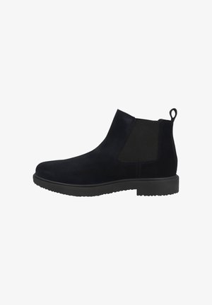 Black suede Chelsea boots featuring elastic side panels, a pull tab, and a textured rubber sole for grip. Low-profile design.