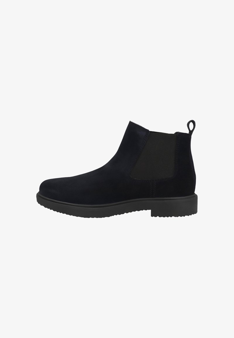 Botas Chelsea de ante negro con paneles laterales elásticos, tirador y suela de goma texturizada para mayor agarre. Diseño de bajo perfil.