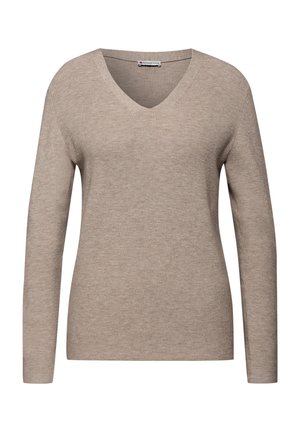Maglione beige a maniche lunghe con scollo a V, caratterizzato da una texture a coste e una forma aderente. Etichetta sul colletto recita "Street One."