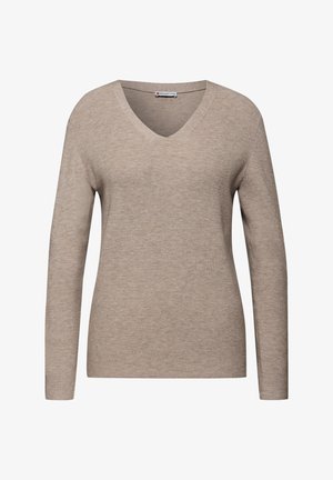 Beige langærmet sweater med V-hals, som har en ribbet tekstur og tætsiddende form. Mærket på halsen læser "Street One."