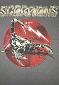 Tučný text "SCORPIONS" nad podrobným skorpionem, jehož ocas tvoří jack audio konektor, umístěný na červeném pozadí s bílými blesky.
