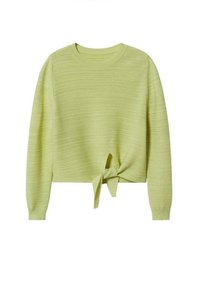 Jasnozielony sweter dzianinowy z długimi rękawami, okrągłym dekoltem i węzłem z przodu w talii. Teksturowany wzór w całej powierzchni.