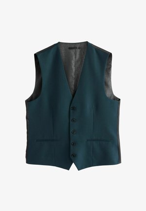 Teal vest with a V-neckline, five black buttons, and two front pockets. Black satin trim along the sides, patterned black lining inside.