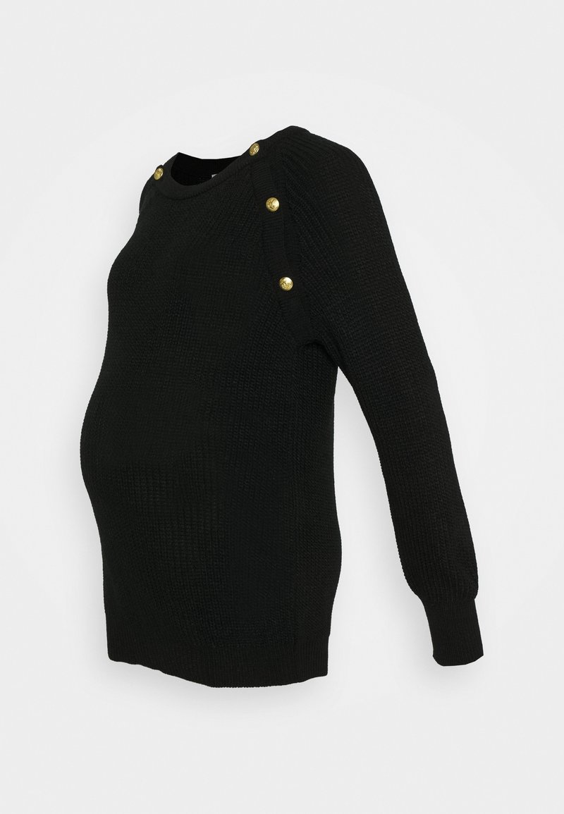 Pull de maternité noir en maille avec manches longues, encolure ronde et boutons dorés sur les épaules, présentant une silhouette ajustée.