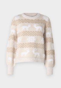 Maglione color crema con motivi di renne e fiocchi di neve bianchi, dotato di scollo rotondo, maniche lunghe a sbuffo e polsini in rilievo a costine.