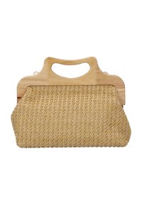 Geflochtene Strohtasche mit einem Holzgriff, die eine strukturierte Oberfläche, hellbeige Farbe und eine strukturierte Form mit abgerundeten Kanten aufweist.