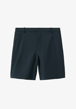 Pantaloncini da uomo neri su misura con passanti per cintura, bottone frontale e tasche laterali, mostrati su sfondo bianco.