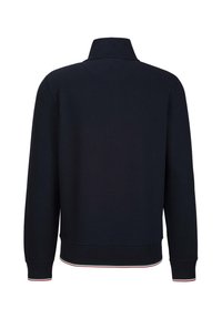 Marineblauwe sweatshirt met hoge kraag, ribbelmanchetten en -zoom, voorzien van een accent met driedubbele kleurstrook. Soepele textuur, casual ontwerp.