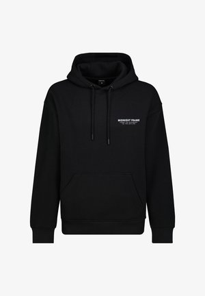 Schwarzer Kapuzenpullover aus Baumwolle mit Fronttasche, gerippten Bündchen und weißem Text "MIDNIGHT FRAME" auf der Brust.
