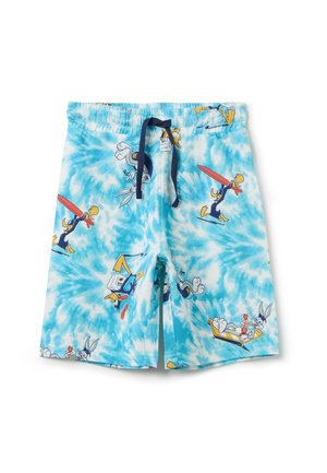 Blaue Batik-Badeshorts mit Cartoonfiguren. Hergestellt aus leichtem Material mit elastischem Bund und Kordelzug.