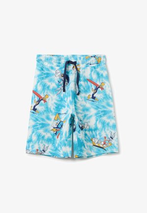 Blauwe tie-dye zwemshorts met cartoonfiguren. Gemaakt van lichtgewicht stof met een elastische tailleband en een trekkoord.