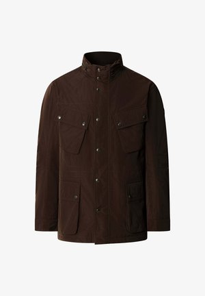 Dunkelbraune Jacke mit Stehkragen und vier aufgesetzten Taschen, Druckknopfverschluss vorne und langen Ärmeln.