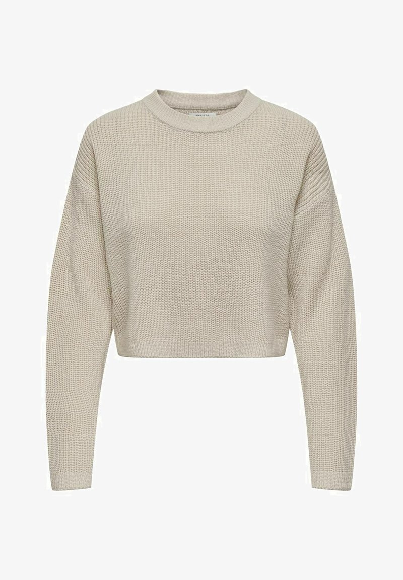 Pull beige en maille avec col rond, manches longues et coupe courte, avec un motif texturé sur toute la surface.