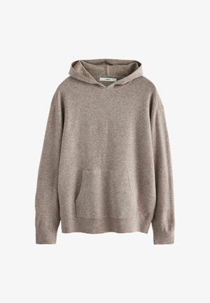 Világosbarna kapucnis pulóver puha anyagból, húzózsinórral ellátott kapucnival, elülső zsebbel és bordás mandzsettákkal, valamint alsó résszel.