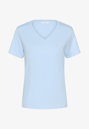 Svijetloplava majica kratkih rukava s V-izrezom, izrađena od mekanog tkanja. Jednostavan dizajn s opuštenim krojem, bez uzoraka ili naglasaka.