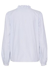 Blouse rayée bleu clair et blanc avec un décolleté froncé et de longues manches bouffantes. Tissu lisse avec des poignets boutonnés.