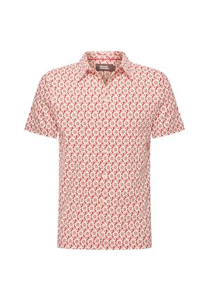 Lyhythihainen kauluspaita valkoisena, jossa on punainen kukkakuosi; kevyt kangas; napitettava etuosa; rento malli.