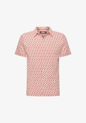 Lyhythihainen kauluspaita valkoisena, jossa on punainen kukkakuosi; kevyt kangas; napitettava etuosa; rento malli.