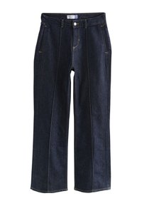 Pantaloni evazați din denim albastru închis cu talie înaltă, cu buzunare frontale, detalii cu cusături frontale și accente de cusături portocalii.