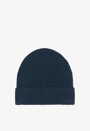 Căciulă tricotată tip șapcă cu tiv pliat, de culoare albastru închis, concepută pentru căldură și uz casual.