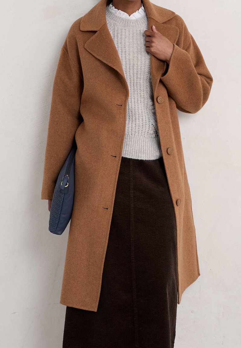 Manteau en laine marron avec un large revers, trois boutons et des poches latérales, associé à un pull en maille gris clair et une jupe en velours côtelé foncé.