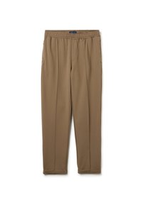 Braune, elastische Hosen mit glatter Textur, ausgestattet mit Seitentaschen und einem schmal zulaufenden Bein. Keine sichtbaren Muster oder Akzente.