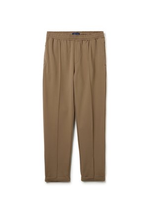 Pantalones marrones de cintura elástica con una textura suave, que cuentan con bolsillos laterales y un diseño de pierna ajustada. Sin patrones ni acentos visibles.
