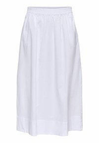 Jupe blanche longueur cheville avec taille élastique et tissu froncé, présentée à plat sur un fond blanc.