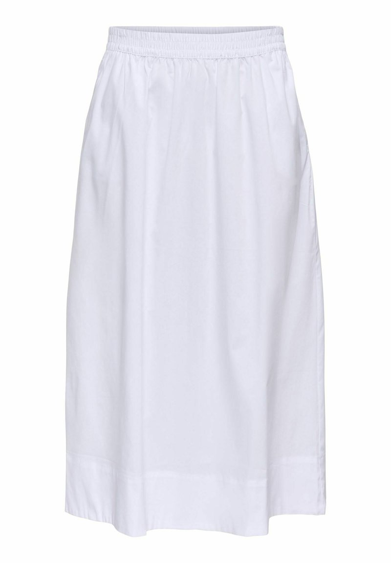 Jupe blanche longueur cheville avec taille élastique et tissu froncé, présentée à plat sur un fond blanc.