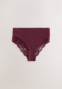 Bordo pitsiga kaunistatud aluspüksid, millel on sile kangas esiküljel, külgedel lillesed pitsmustrid ja laineline serv.