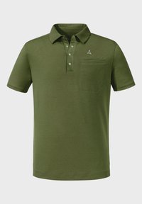 Dunkelgrünes Poloshirt aus glattem Stoff, mit einem Kragen, einer dreiknopfigen Leiste und einer Brusttasche. Mit Logo-Akzent.