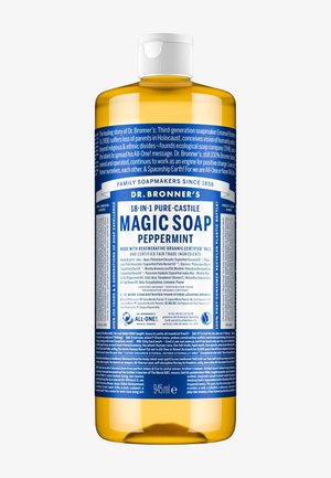 Dr. Bronners 945 ml 18-i-1 pebermynte Magic Soap i en gul flaske med detaljeret produkt- og ingredienstekst på etiketten.