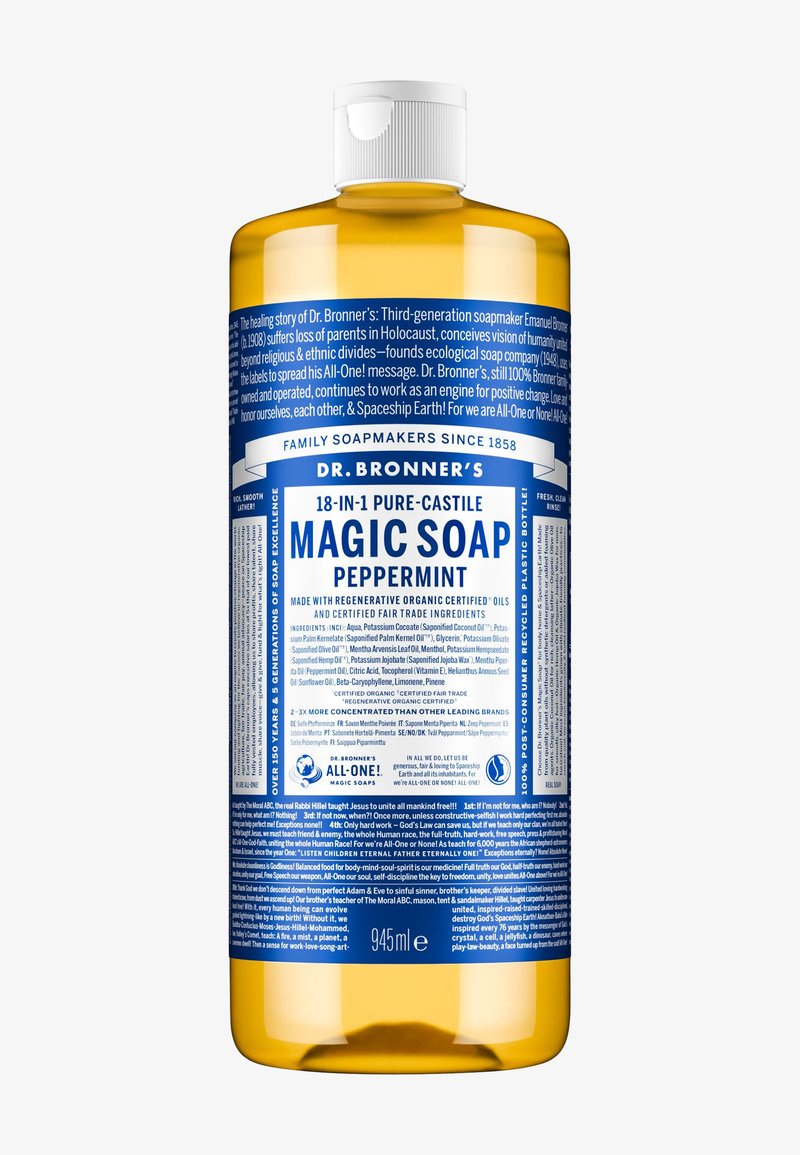 Savon magique Dr. Bronner’s 945 ml 18-en-1 à la menthe poivrée dans une bouteille jaune avec un texte détaillé sur le produit et les ingrédients sur l'étiquette.