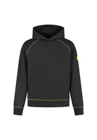 Czarna bluza z kapturem, z długimi rękawami, z limonkowym przeszyciem wzdłuż szwów oraz skróconym krojem. Miękki, gładki materiał.