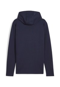 Marineblå hoodie med lange ærmer og snor i hætten, der har en glat tekstur og diskrete stikninger på ryggen.
