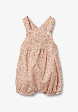 Combinaison pour bébé à motif floral dans des teintes de rose doux, dotée de bretelles croisées, d'un décolleté arrondi, d'ouvertures élastiques aux jambes et de boutons décoratifs.