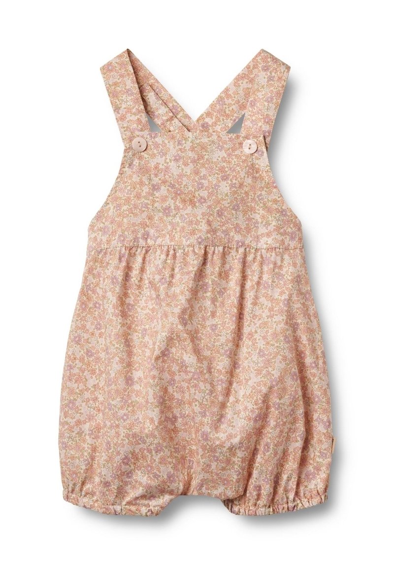 Combinaison pour bébé à motif floral dans des teintes de rose doux, dotée de bretelles croisées, d'un décolleté arrondi, d'ouvertures élastiques aux jambes et de boutons décoratifs.