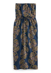 Robe maxi en bleu foncé avec un motif floral doré et vert olive. Dotée d'un haut élastiqué et d'une taille à cordon de serrage, elle est fabriquée dans un tissu doux.