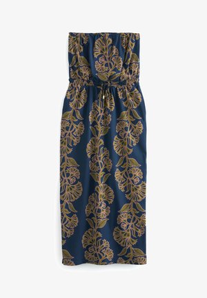 Maxi dress in dark blue with a floral pattern in gold and olive green. Features an elasticized top and drawstring waist, made of soft fabric.